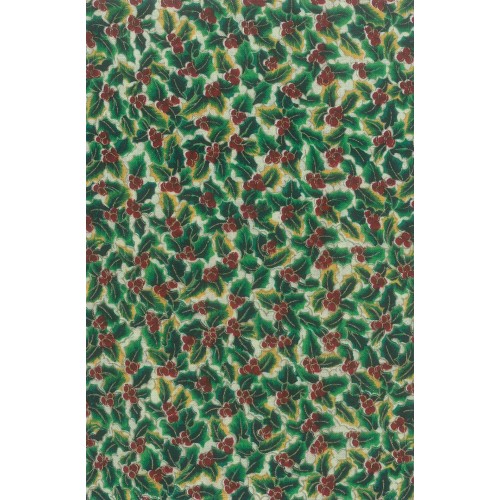FX208 Green Holly Cream Background Red Berries