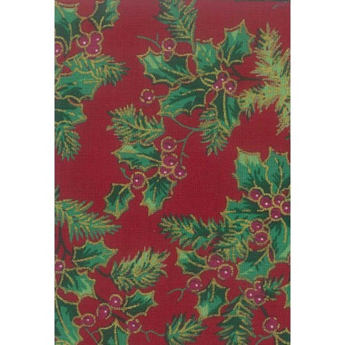 FX220 Green Holly On Deep Red Background