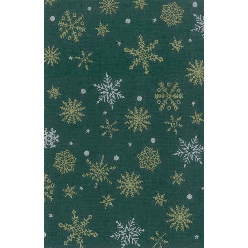FX406 Gold White Snowflake On Green Background